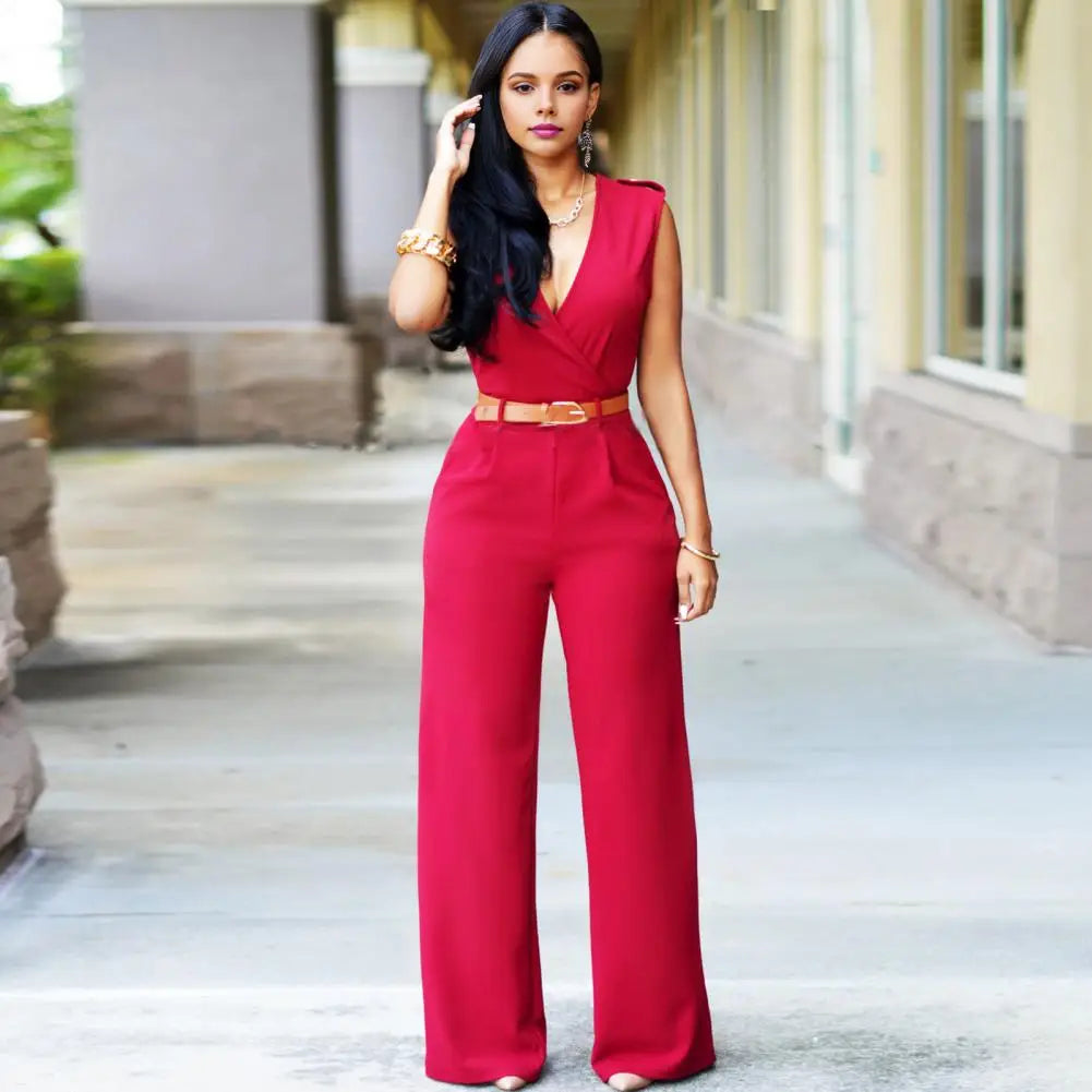 Casual Jumpsuit with Belt Elegant V-neck Sleeveless Jumpsuit with Belted Waist Wide Leg Office Party Romper Women's Casual