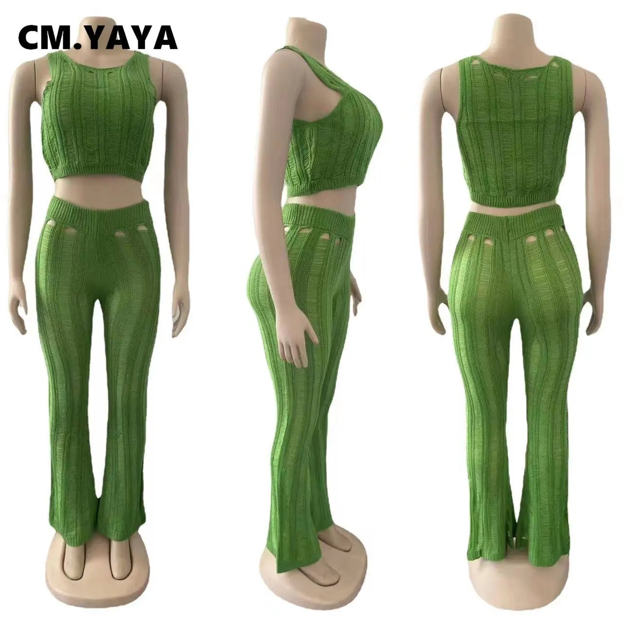 CM.YAYA Streetwear Knit Ripped Out Tassel Women 2 Piece Set Outfits Tank Top and Wide Leg Pants Set 2023 INS Beach Tracksuit