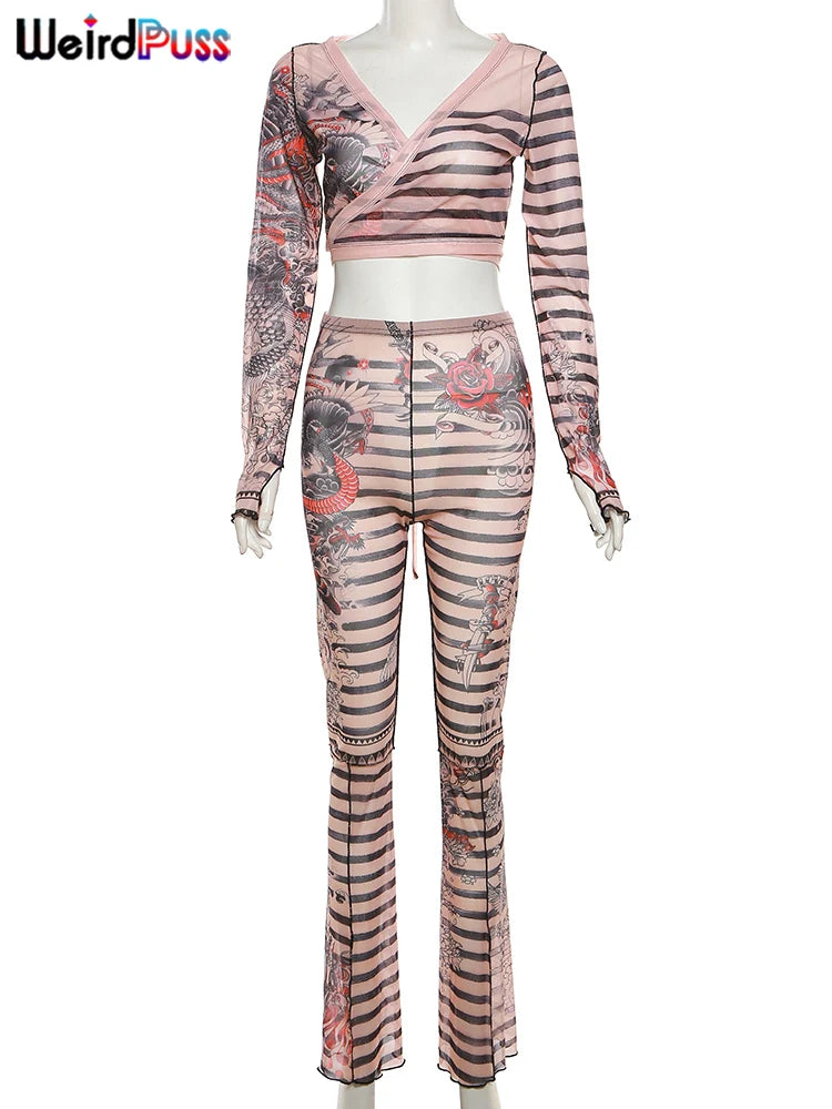 Weird Puss Sexy Women Dragon Stripes 2 Piece Set See Through Wrapped Bandage Crop Tops+Flare Pants Matching Streetwear Outfits