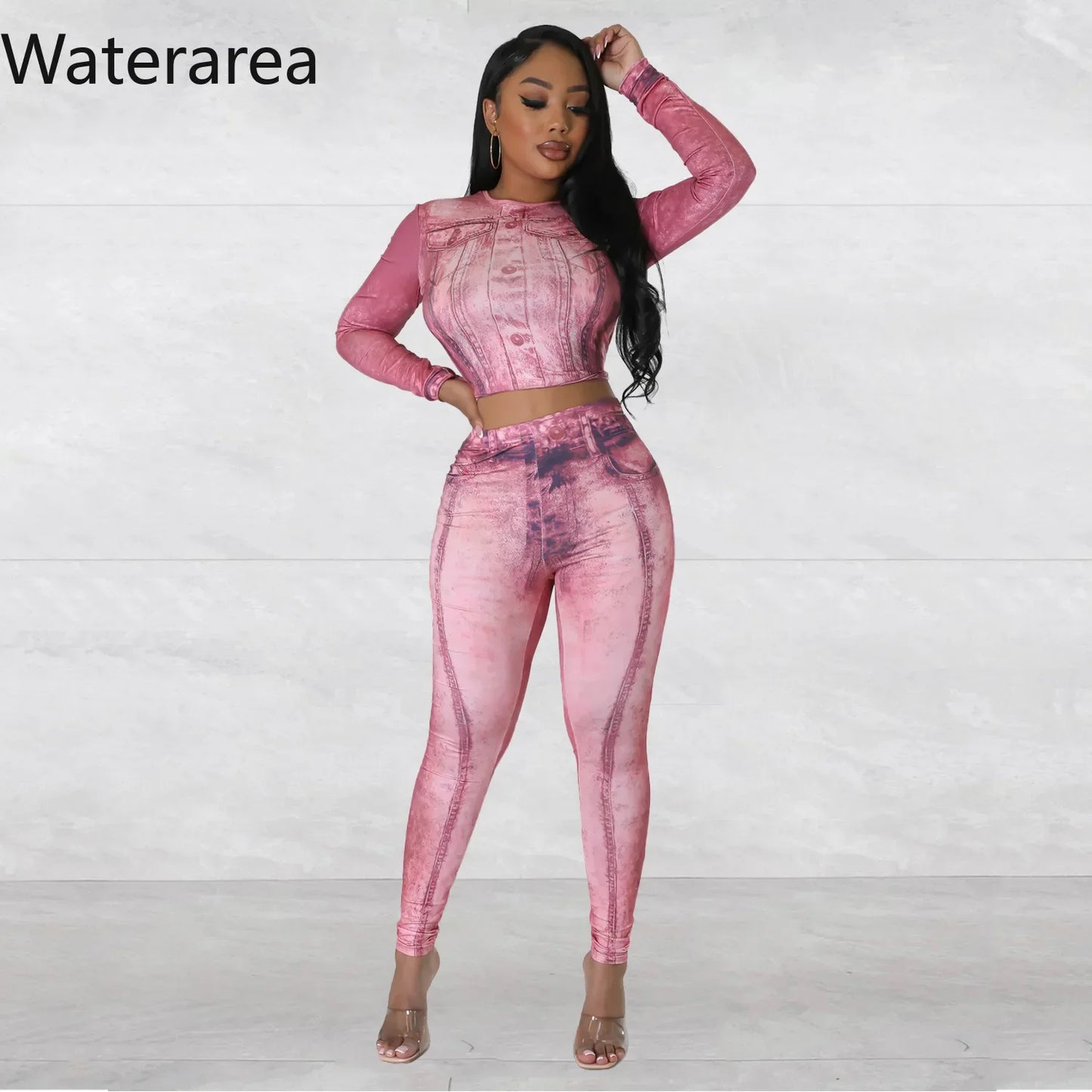 Waterarea Sport Women's Set Full Sleeve Crop Top and Pencil Pant Suits Fake Denim Print Fashion Jogger Two 2 Peice Sets Outifits