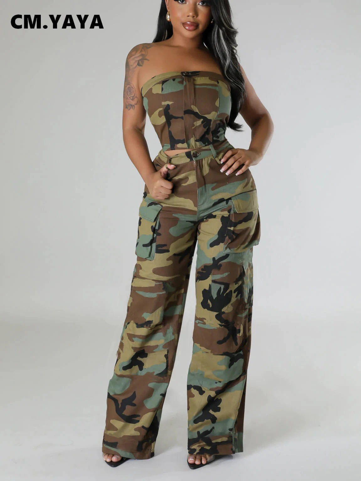 CM.YAYA Fashion Camouflage Women's Set Button Front Strapless Crop Top and Wide Leg Pants 2024 Two 2 Piece Sets Outfit Tracksuit