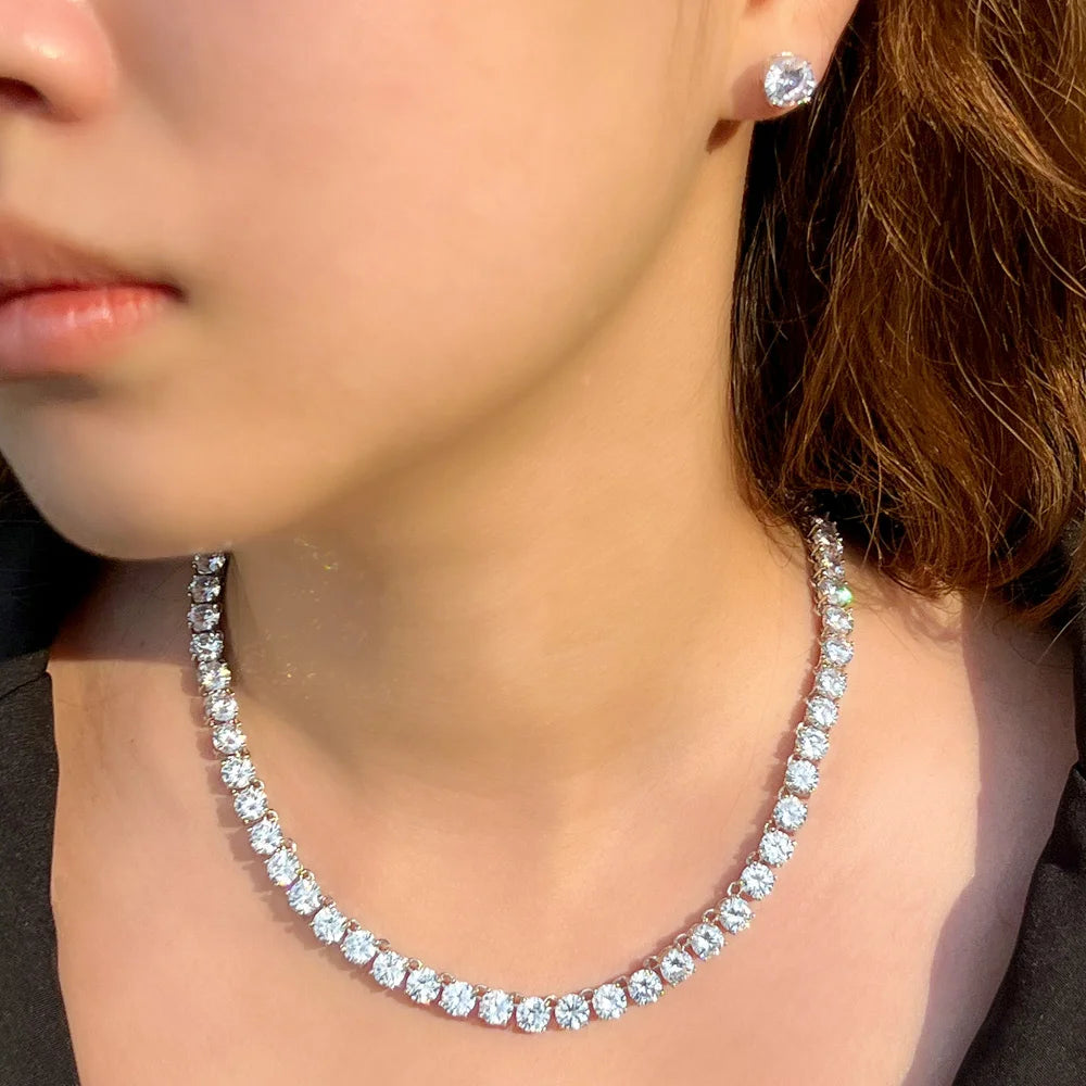 CWWZircons Stunning Big Carat Round CZ Tennis Necklace and Earrings Luxury Bridal Party Jewelry Set for Wedding Evening T061