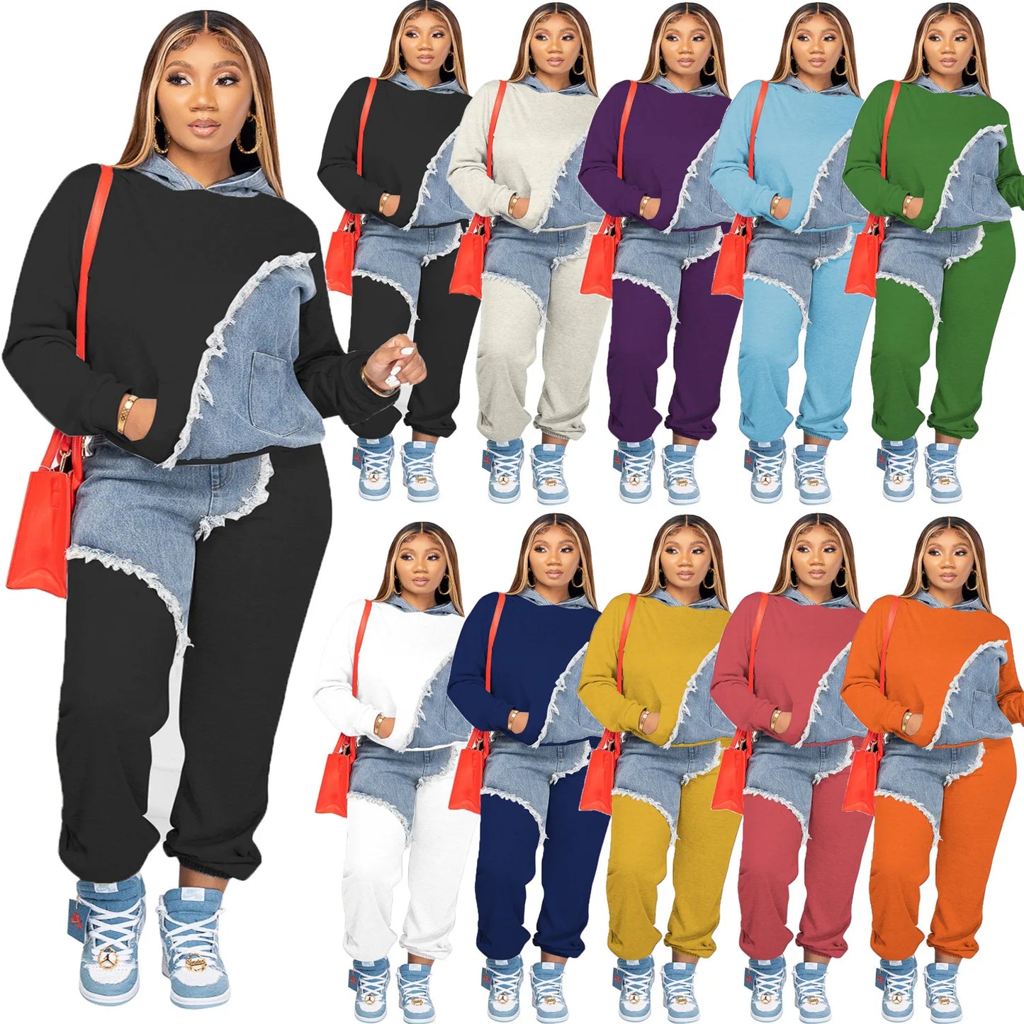 CM.YAYA Active Women Denim Jogger Pants Suit and Long Sleeve Hooded Sweatshirt Fashion Casual Two 2 Piece Set Outfits Tracksuit