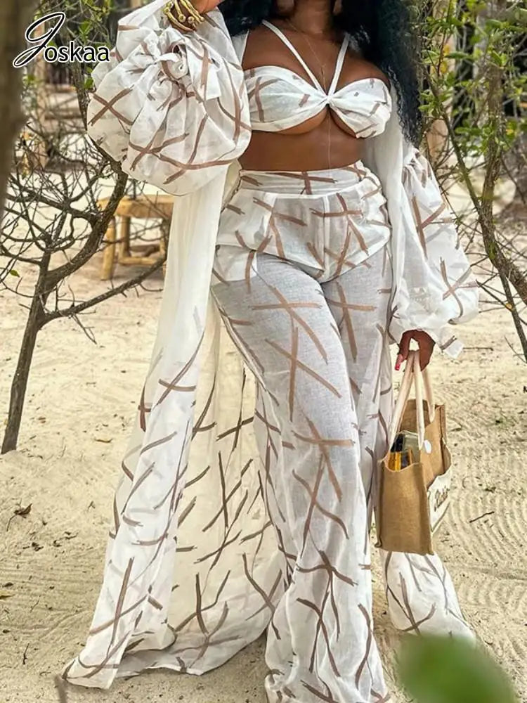 Joskaa Print Beach Style 3 Piece Set Women Sexy Wide Leg Pants and Long Cover-Ups with Bra Matching Summer 2023 Vacation Outfits