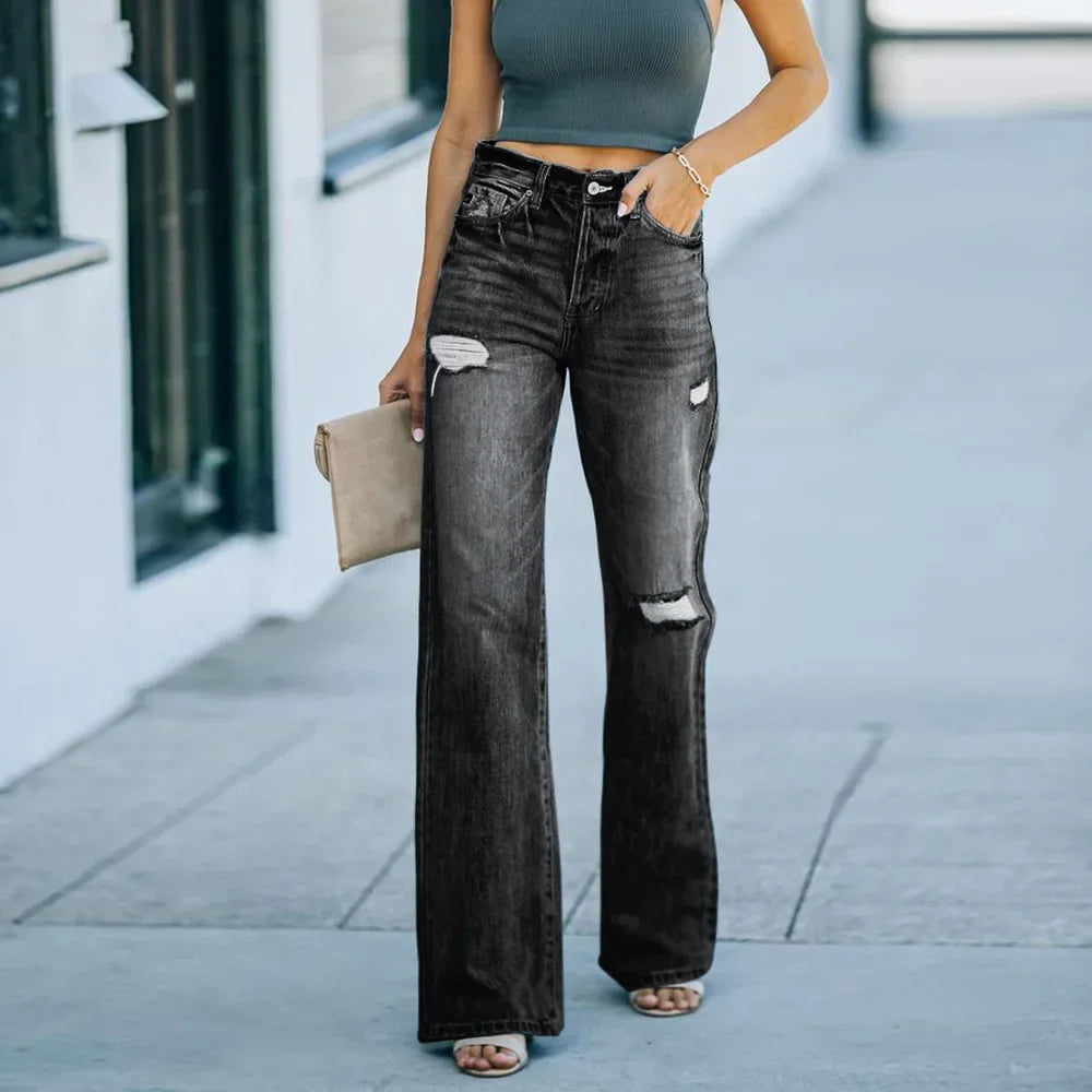 High Waist Black Blue Jeans Straight Leg Hole Pants Wide Leg Pants Denim Pants Women Streetwear Leggings Y2k Clothing Trouser