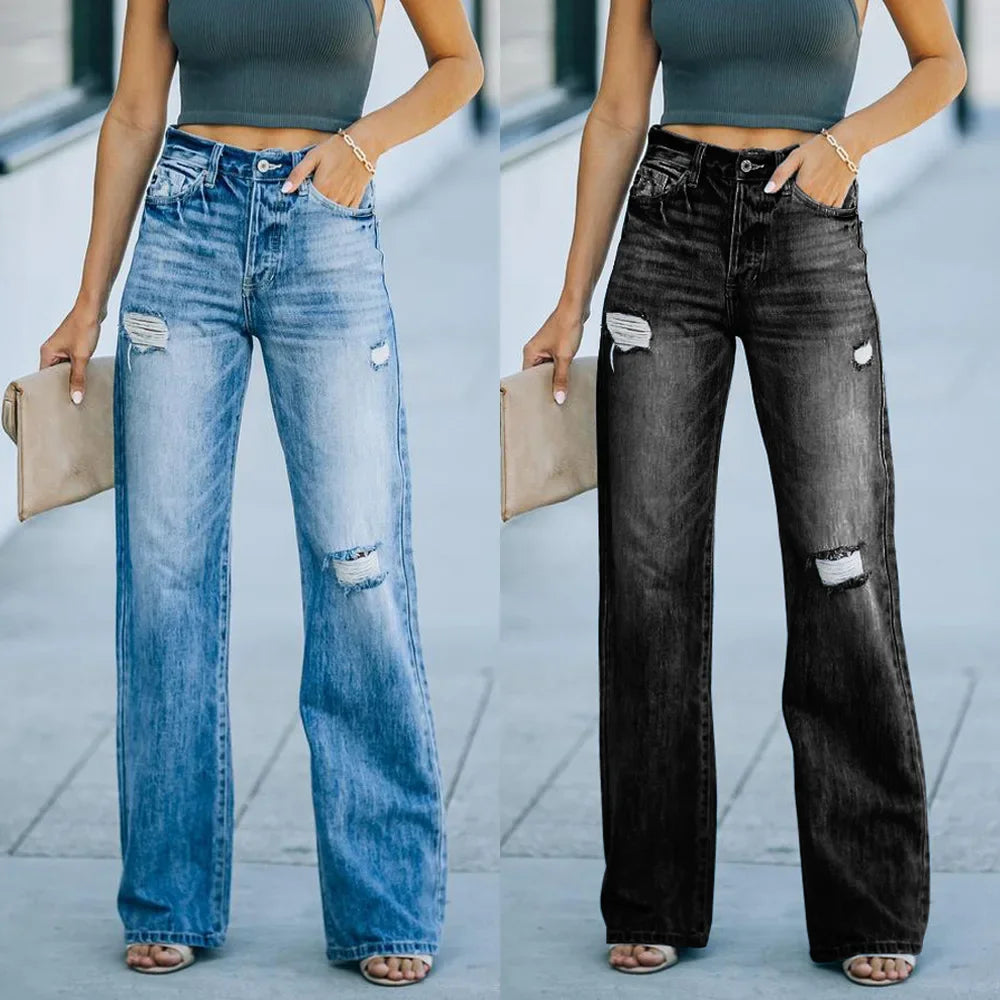 High Waist Black Blue Jeans Straight Leg Hole Pants Wide Leg Pants Denim Pants Women Streetwear Leggings Y2k Clothing Trouser