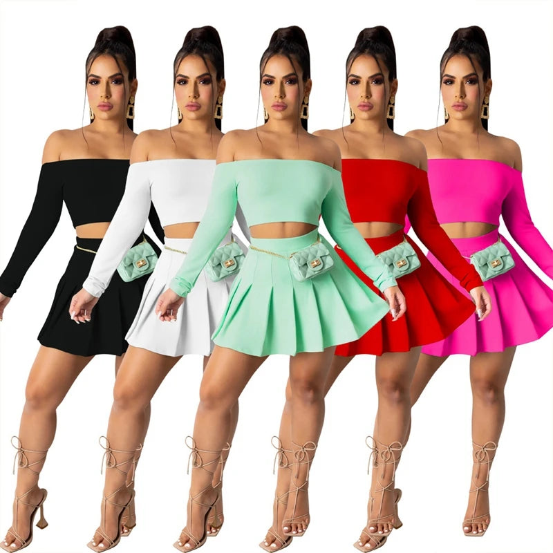 Off Shoulder Two Piece Set Women Elegant Festival Clothing Long Sleeve Crop Top Mini Pleated Skirt Set Sexy 2 Piece Outfits 2022