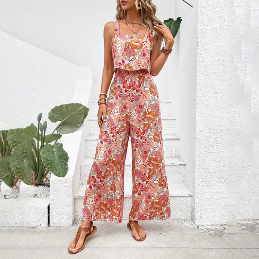 Summer Elegant Long Rompers Jumpsuit For Women Sexy Backless Wide Leg Jumpsuits Casual Sleeveless Floral Clothes Woman 2024 New