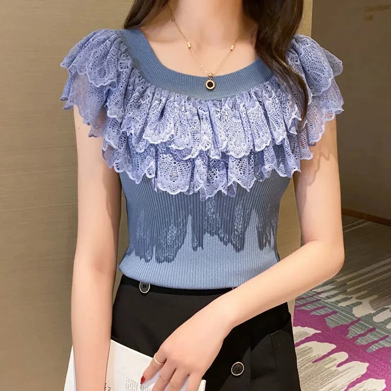 Casual Lace Knitted Tops T-shirts Women 2023 Fashion Elastic White Black Purple Top Sexy Ladies Kawaii T Shirts korean Clothes