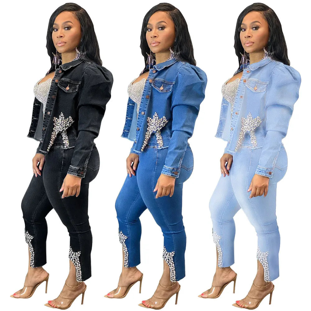 Blue Denim Two Piece Set Jeans Suits for Women Long Sleeve Jacket Top and Pants Female 2 Piece Club Outfits Matching Sets 8241