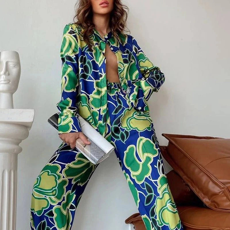 Fashion Printed Pajamas Set Women Retro Loose Long Sleeve Blouse Straight Pants Suit 2024 Summer Casual Two Piece Set Sleepwear