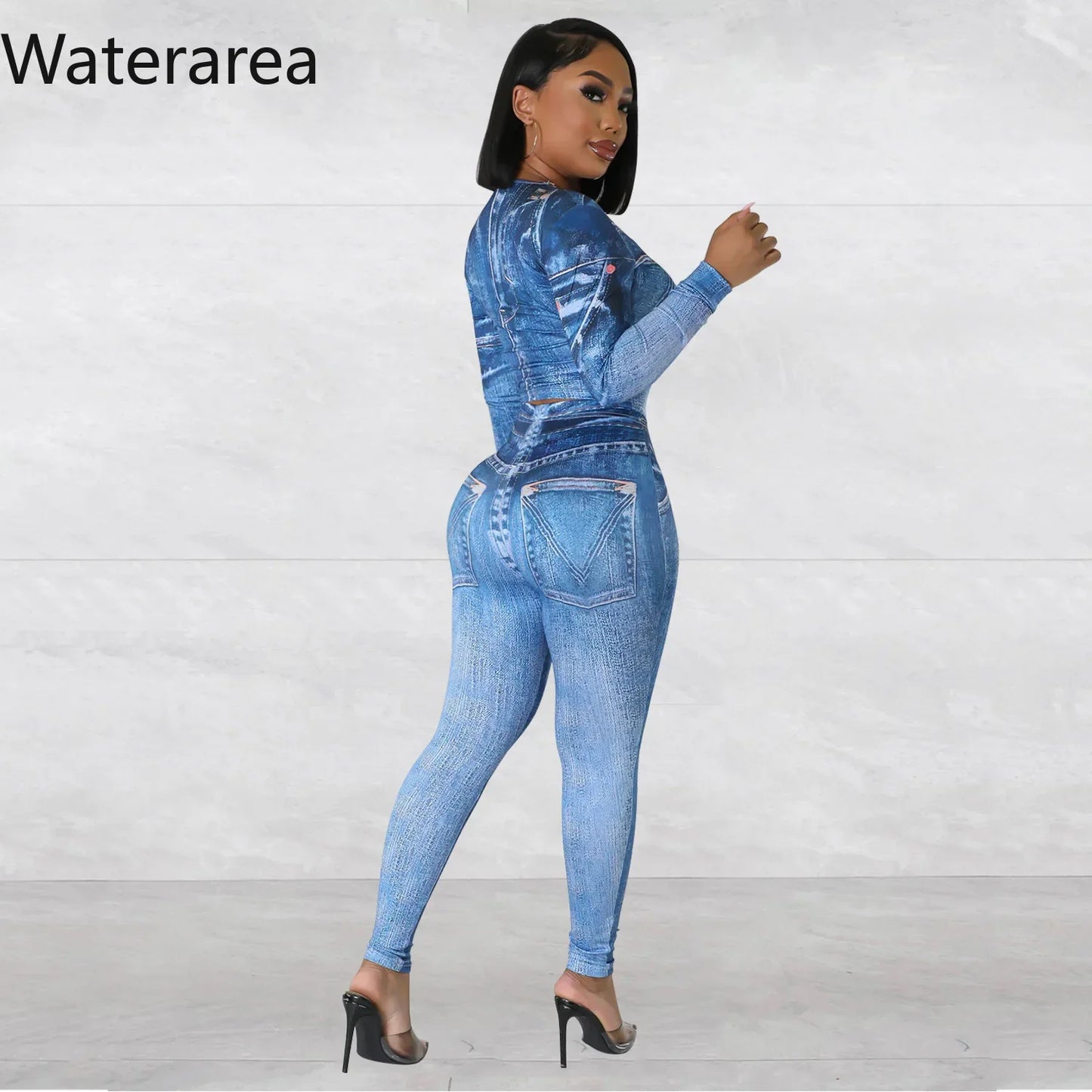 Waterarea Sport Women's Set Full Sleeve Crop Top and Pencil Pant Suits Fake Denim Print Fashion Jogger Two 2 Peice Sets Outifits