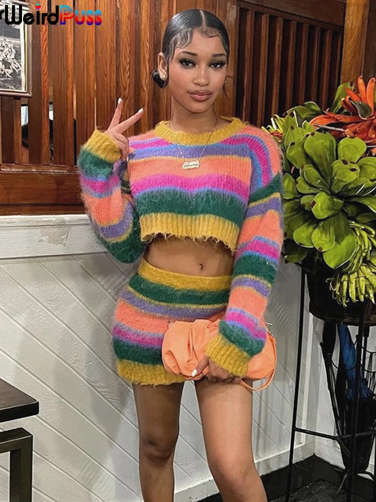 Weird Puss Fall Knit Women 2 Piece Set Tracksuit Casual Colorful Sweater Long Sleeve Crop Tops+Mini Skirts Matching Streetwear