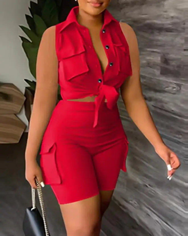 sexy Womens Two Piece Sets Outfit Buttoned Pocket Design Sleeveless Top & High Waist Shorts Set New Fashion 2023 Summer Casual