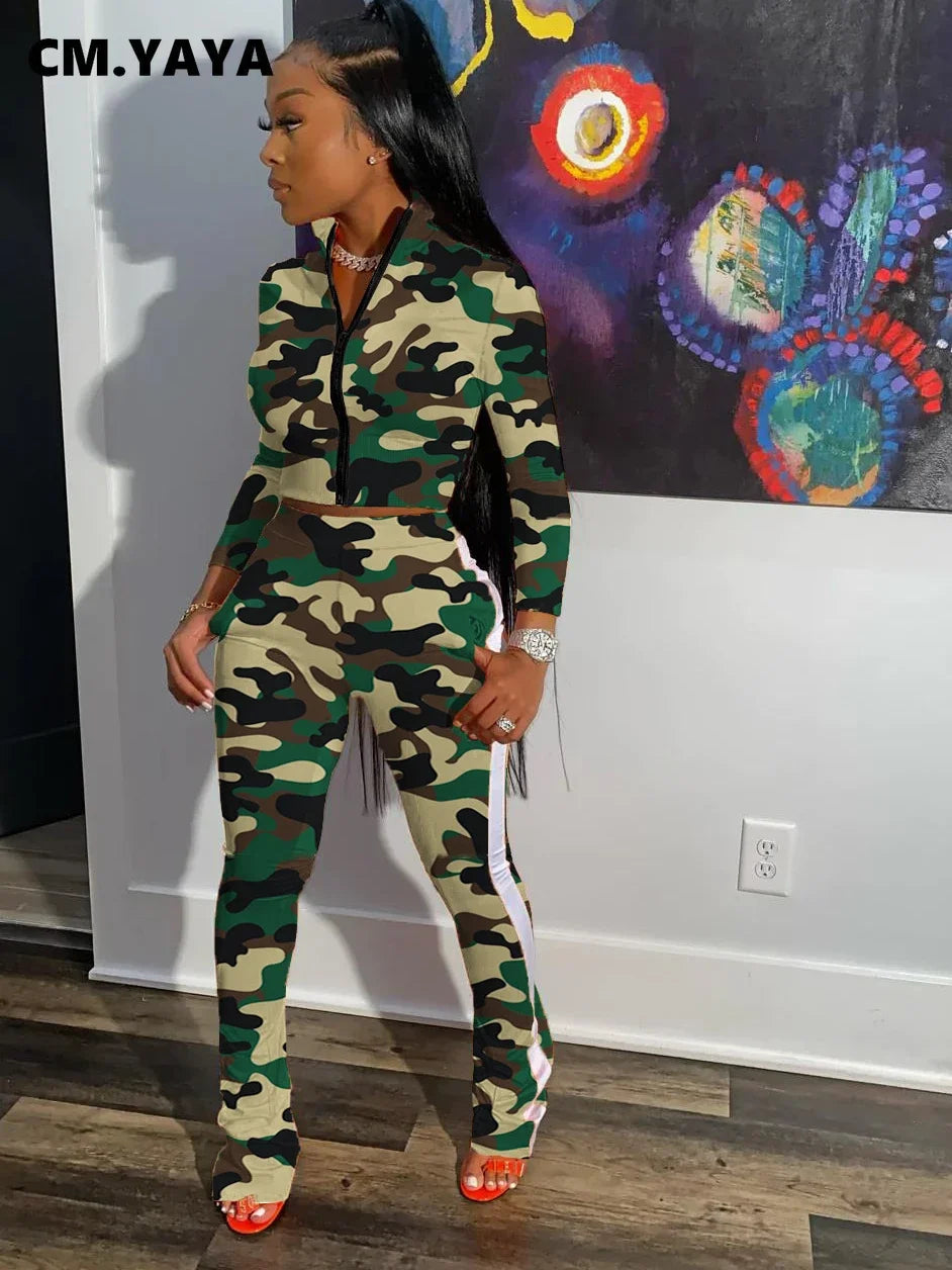 CM.YAYA Camouflage Women's Set Off Shoulder Long Sleeve Zipper Fly Jacket and Flare Pants 2023 Two 2 Piece Sets Outfit Tracksuit