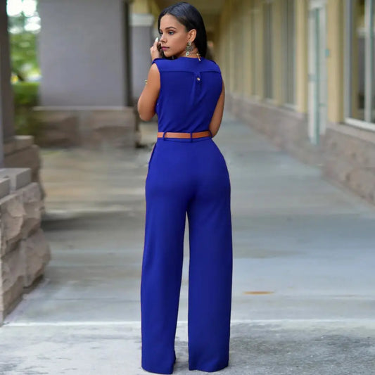 Casual Jumpsuit with Belt Elegant V-neck Sleeveless Jumpsuit with Belted Waist Wide Leg Office Party Romper Women's Casual