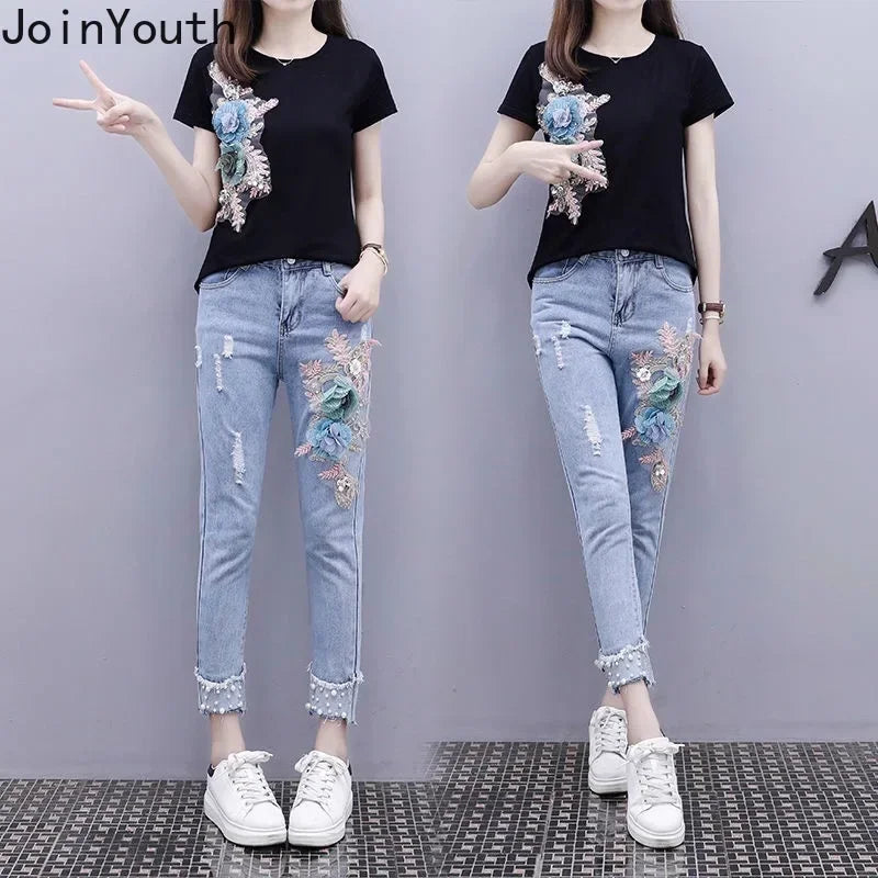 Women 2 Piece Outfits Embroidery Flower T Shirt High Waist Jeans Pants Sets Korean Fashion Woman Clothes Two Piece Trousers Set