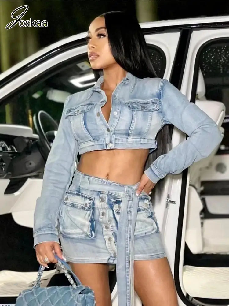 Joskaa Blue Denim Two Piece Set Women Hipster Lapel Long Sleeve Button-Up Jacket and Belt Mini Skirt Matching 2023 Streetwear