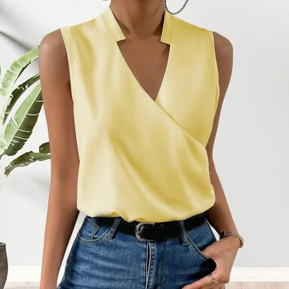 Elegant Stand Collar V-neck Summer Vest Sleeveless Cross Wrap Thin Women Summer Solid Color Loose T-shirt Streetwear