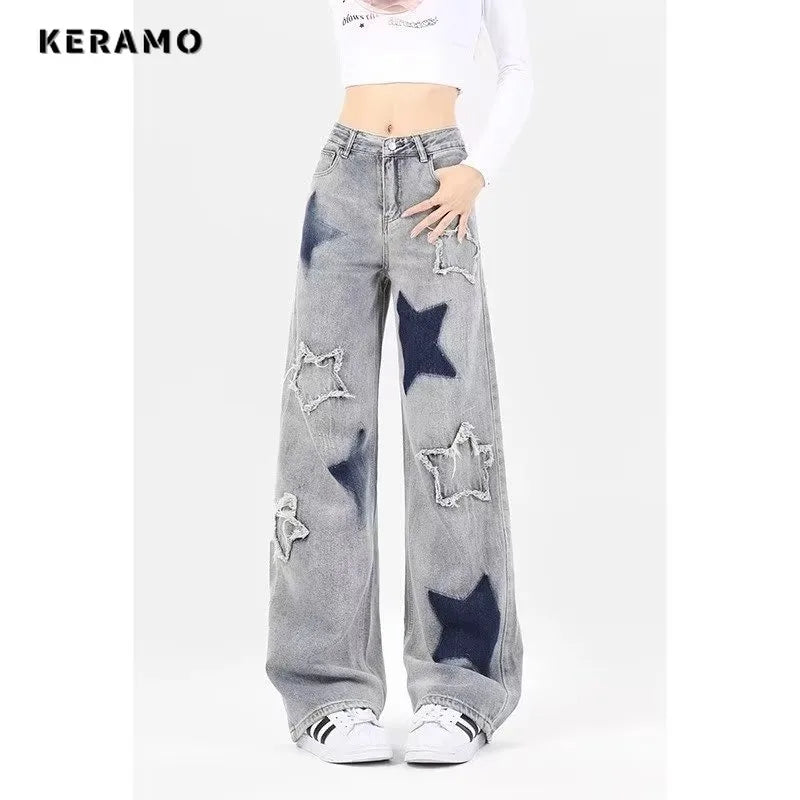 Fashion Women's Vintage Casual High Waist High Street Straight Jeans Stars Print Pants Korean Wide Leg Baggy Y2K Denim Trouser