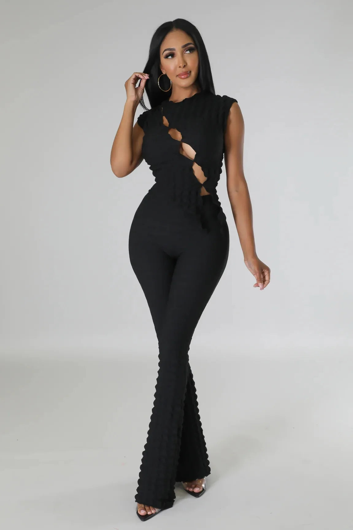 Sexy Hollow Out Two Piece Set Women For Party Clubwear Bodycon Tops And Pants High Waist Night Club Outfits Black White Sets