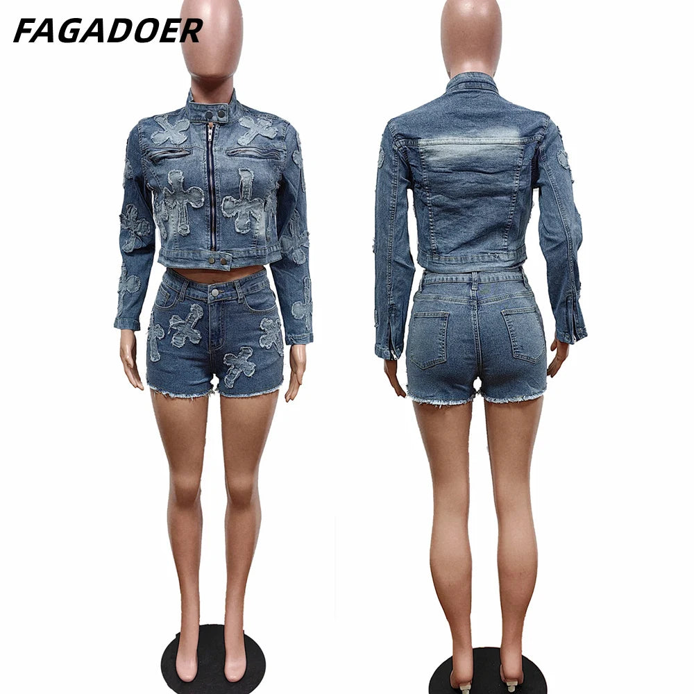 FAGADOER Fashion Denim Embroidery Shorts Two Piece Sets Women Zipper Long Sleeve Coat And Shorts Outfits Female Cowboy 2pcs Suit