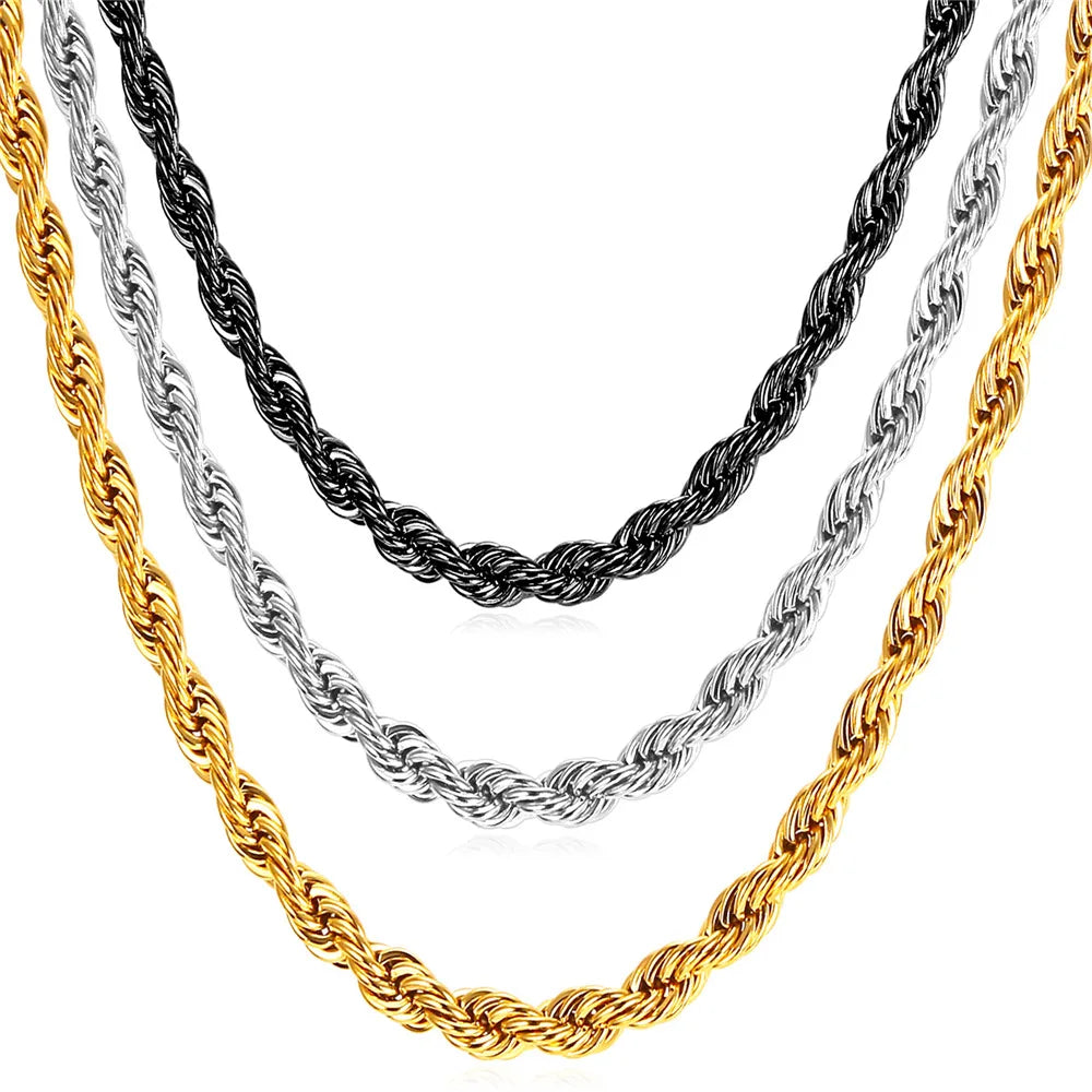 U7 Thick Stainless Steel Twisted Rope Chain Necklace For Men Gold Color Hippie Rock Chain Choker 18 -30" Classic Hip Hop Jewelry