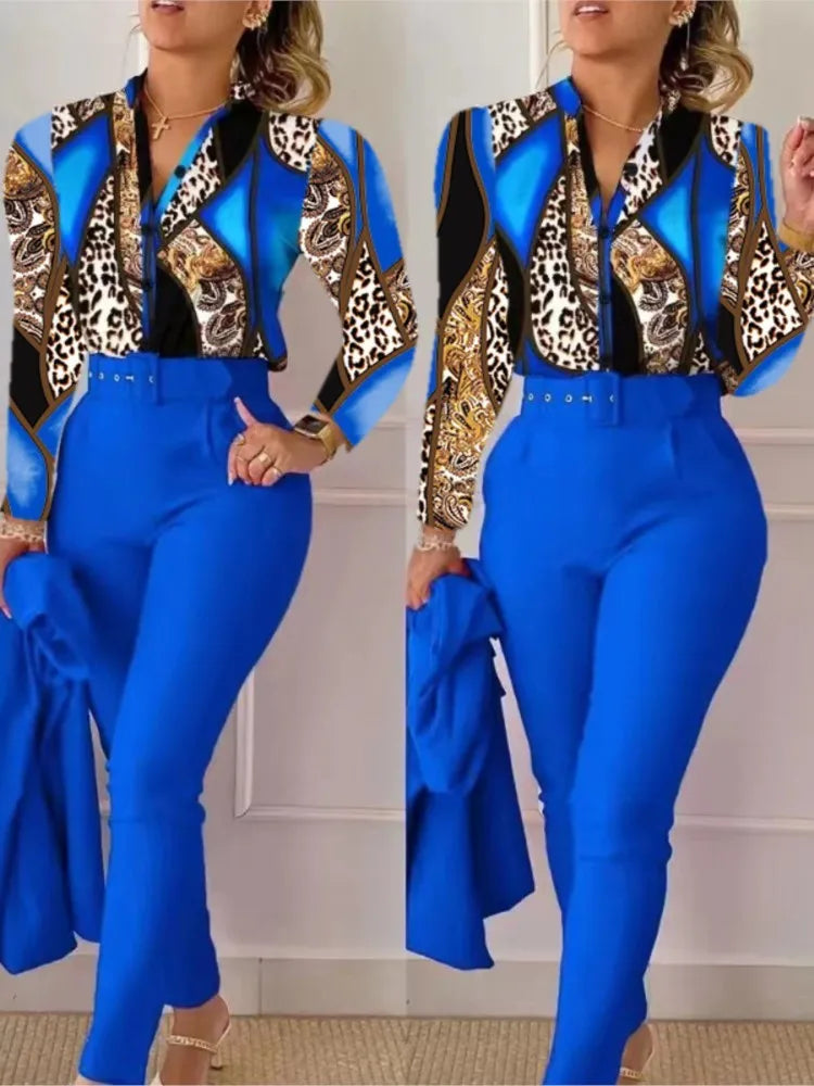 Elegant Women Printed Two Piece Suit Sets Autumn Winter V Neck Long Sleeve Shirt Top & Long Pants Set With Belt Workwear Outfits