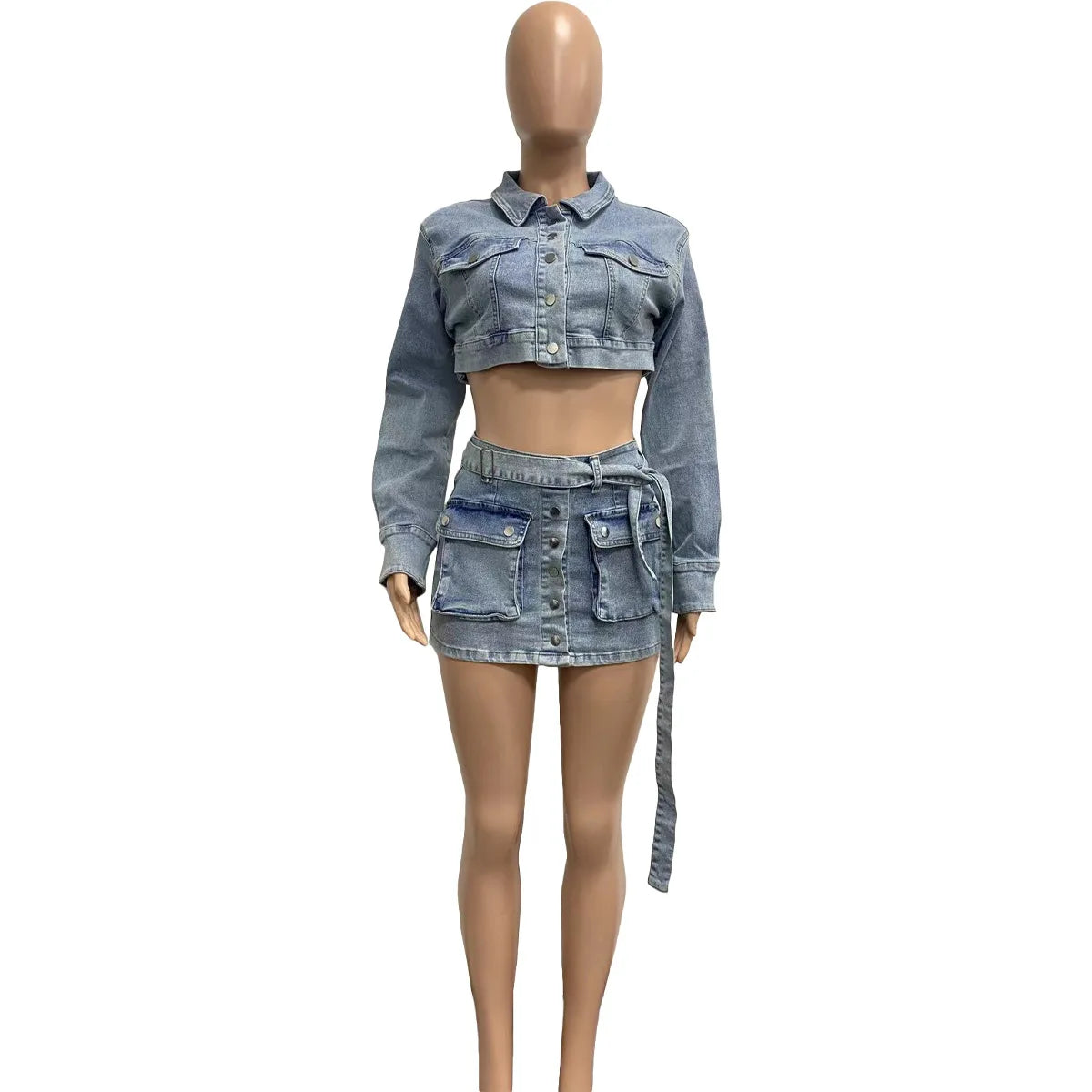 Jeans Club Skirt Outfit Sexy Women Elegant Two Pieces Denim Matching Set Top+Mini Skirt