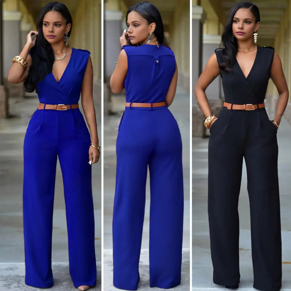 Casual Jumpsuit with Belt Elegant V-neck Sleeveless Jumpsuit with Belted Waist Wide Leg Office Party Romper Women's Casual