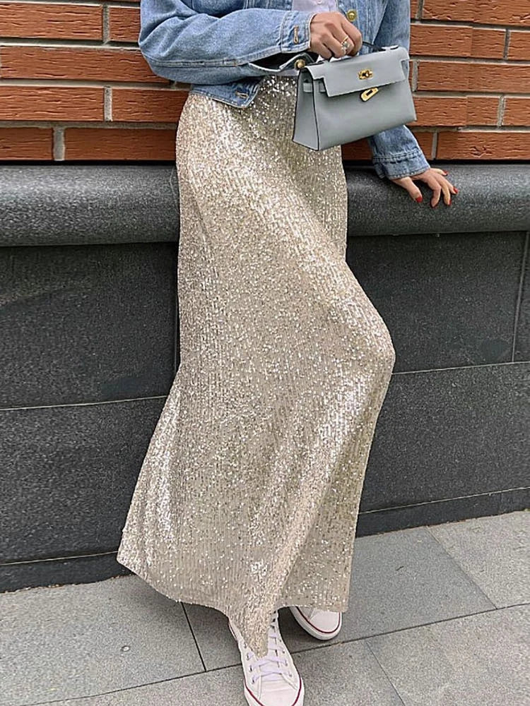 Sexy Maxi Skirt Sets Women Sequin Two Piece Set Female Sparkle High Waist Long Skirt Suit Ladies Elegant Glitter Party Skirts