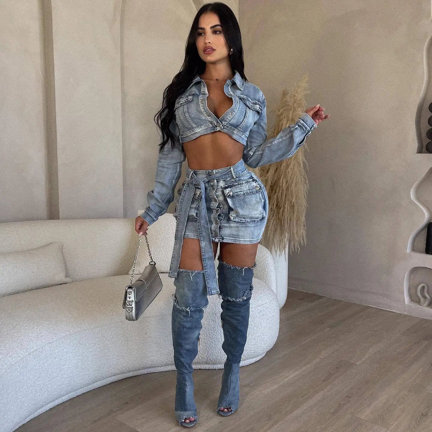 Jeans Club Skirt Outfit Sexy Women Elegant Two Pieces Denim Matching Set Top+Mini Skirt