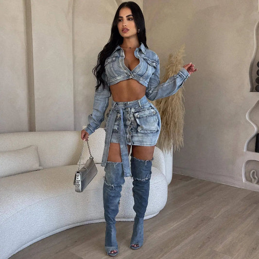 Jeans Club Skirt Outfit Sexy Women Elegant Two Pieces Denim Matching Set Top+Mini Skirt