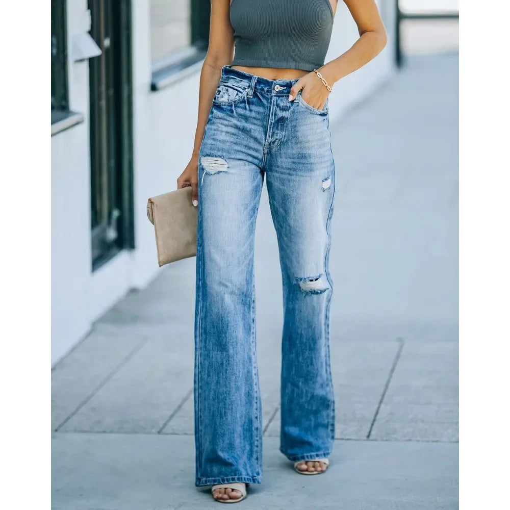 High Waist Black Blue Jeans Straight Leg Hole Pants Wide Leg Pants Denim Pants Women Streetwear Leggings Y2k Clothing Trouser