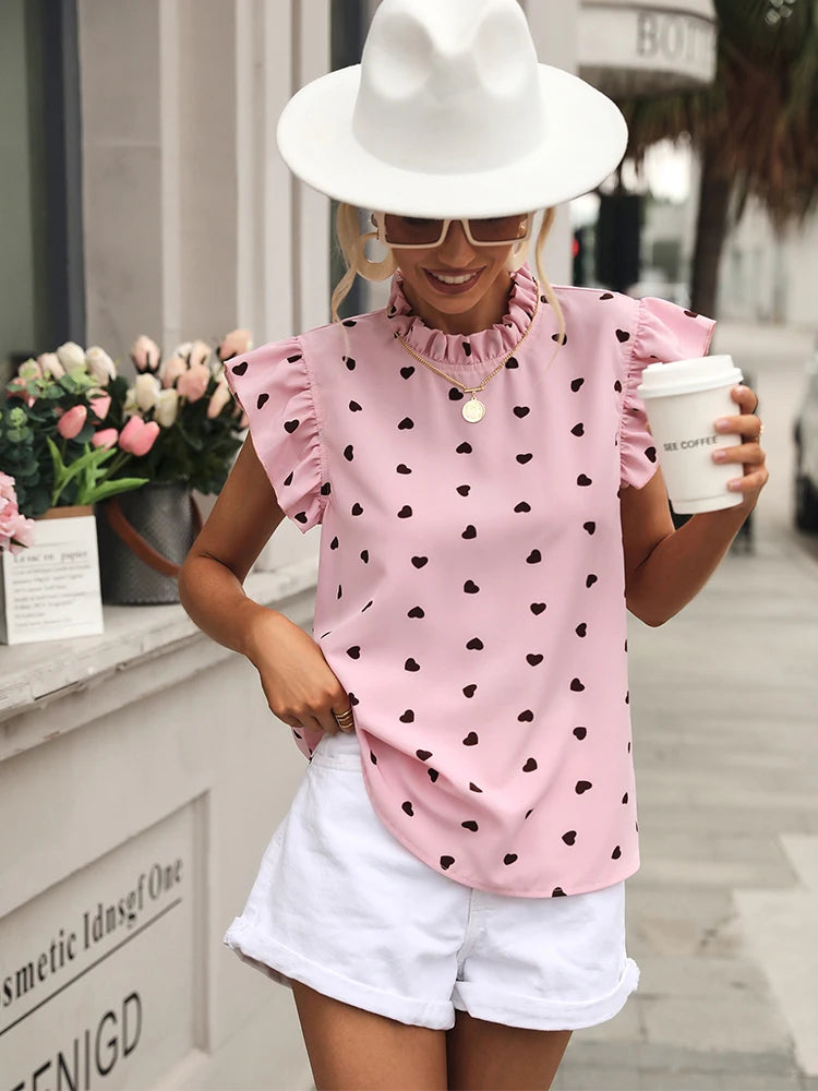 Fashion Chiffon Print Women's Shirt Casual Ruffle Short Sleeve Top Pink Chic Woman Blouse And Shirts Elegant Blouses Summer 2022