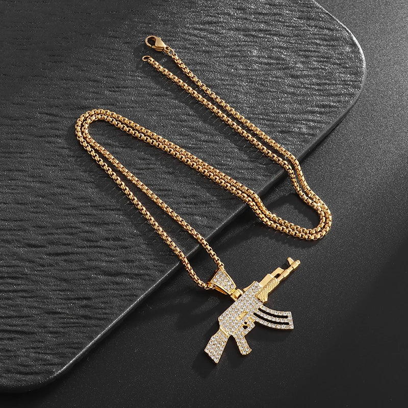 Hip Hop Ice Out Zircon Ak-47 Assault Rifle Pendant Necklace for Men Women Fashion Street Rock Rap Party Jewelry