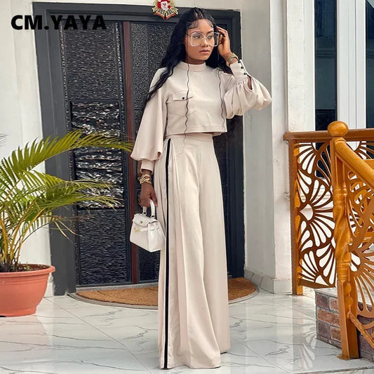 CM.YAYA Vintage Women's Set Lantern Long Sleeve Blouse and Wide Leg Loose Pants 2023 Autumn Two 2 Piece Set Outfit Tracksuit