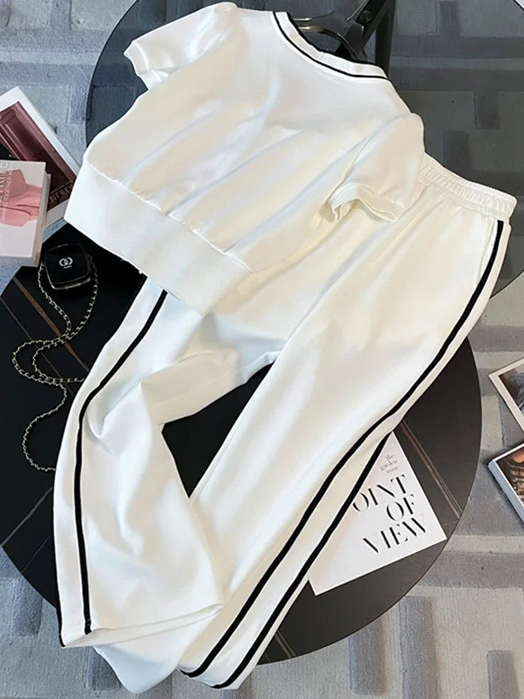 Casual Tracksuit Short Sleeved Suit Women 2023 Summer Streetwear V Neck Single Breasted Tops+Elastic Waist Trousers 2 Piece Sets