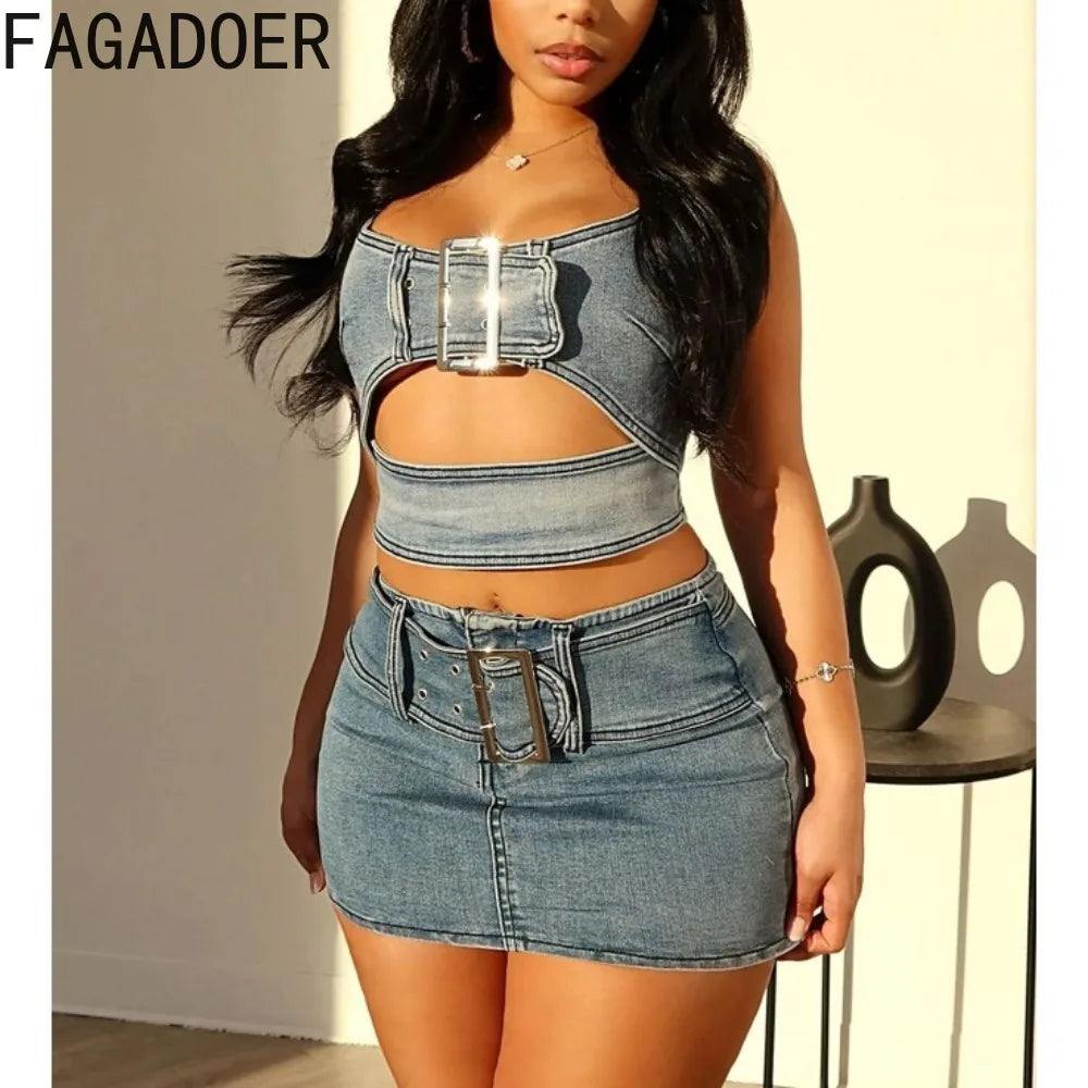 FAGADOER Blue Fashion Hollow Out Elasticity Denim Two Piece Sets Women Thin Strap Sleeveless Tank Top And Skirts Cowboy Outfits