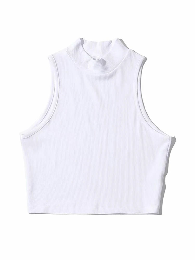 Summer Black Women Fashion Crop Top High Neck White Sleeveless Tank Tops 5 Colors