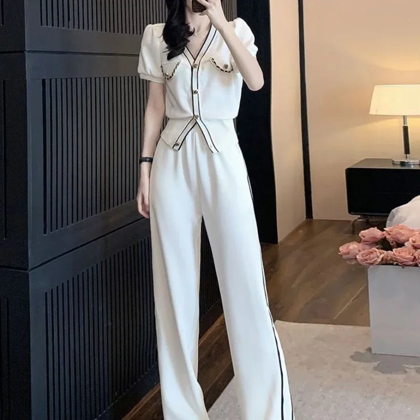 Casual Tracksuit Short Sleeved Suit Women 2023 Summer Streetwear V Neck Single Breasted Tops+Elastic Waist Trousers 2 Piece Sets