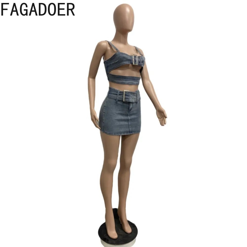 FAGADOER Blue Fashion Hollow Out Elasticity Denim Two Piece Sets Women Thin Strap Sleeveless Tank Top And Skirts Cowboy Outfits