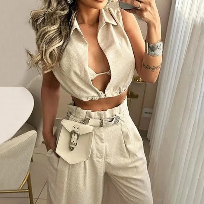 Women Two Piece Pants Set 2024 Solid Lapel V Neck Sleeveless Crop Top + Casual High Waist Pocket Wide Leg Pants Set Streetwear