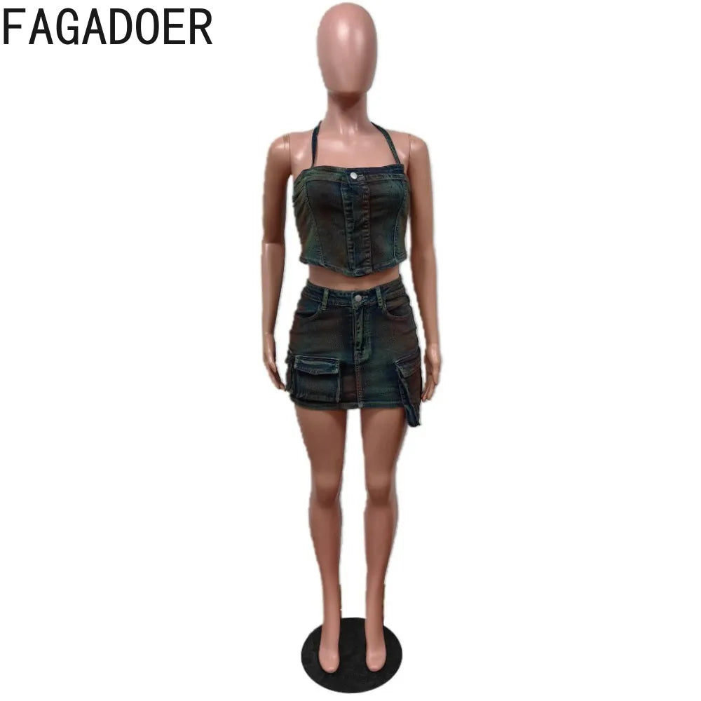 FAGADOER Fashion Tie Dyed Denim Gothic Street Style Women Off Shoulder Sleevless Backless Irregular Top And Mini Skirts 2pcs Set