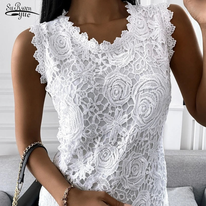 Summer Fashion Lady's Lace Jacquard Sleeveless Casual Women Vintage T-Shirt Loose 5XL Floral Vest Camisole Halter Top 19312