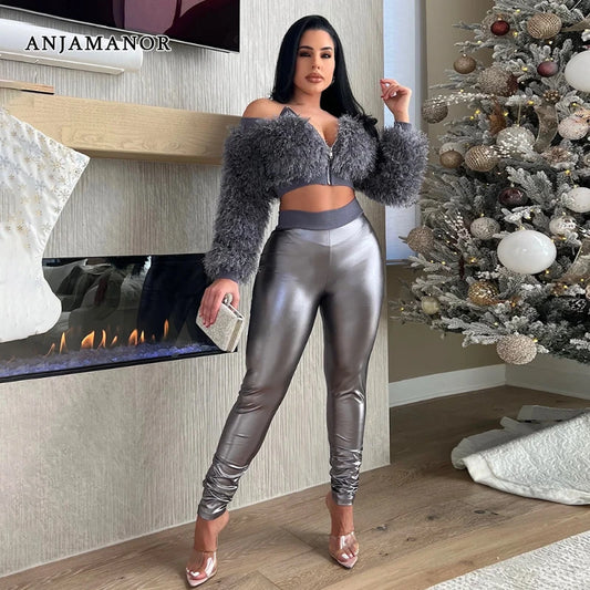 ANJAMANOR Sexy 2 Piece Pants Set for Women Clothes Fashion 2024 Slash Neck Fluffy Top and Leggings Matching Outfits D57-FH51