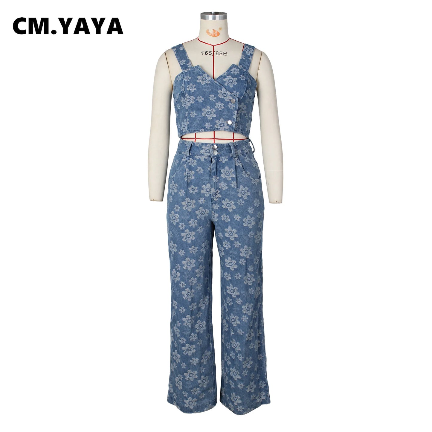 CM.YAYA Jean Jacquard Floral Women's Set Strap Wrap Crop Top and Straight Wide Leg Pants 2023 Two 2 Piece Sets Outfit Tracksuit