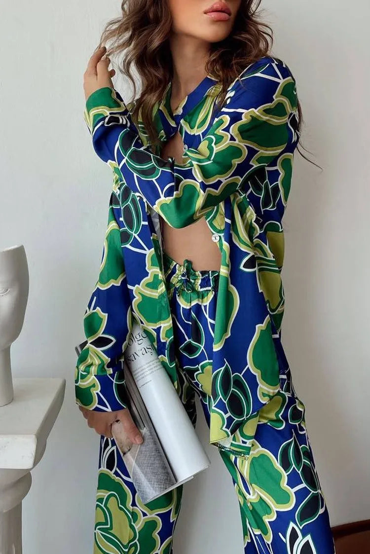 Fashion Printed Pajamas Set Women Retro Loose Long Sleeve Blouse Straight Pants Suit 2024 Summer Casual Two Piece Set Sleepwear