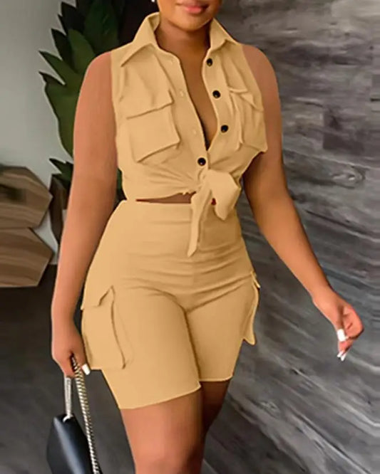 sexy Womens Two Piece Sets Outfit Buttoned Pocket Design Sleeveless Top & High Waist Shorts Set New Fashion 2023 Summer Casual