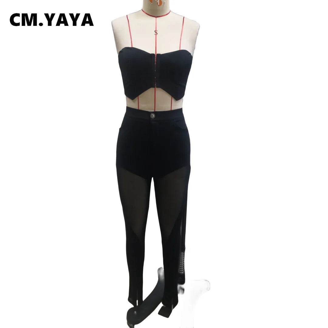 CM.YAYA Fashion Women's Set Tunic Crop Top and Flare Slit Hem Mesh Patchwork Pants 2023 Street Two 2 Piece Sets Outfit Tracksuit